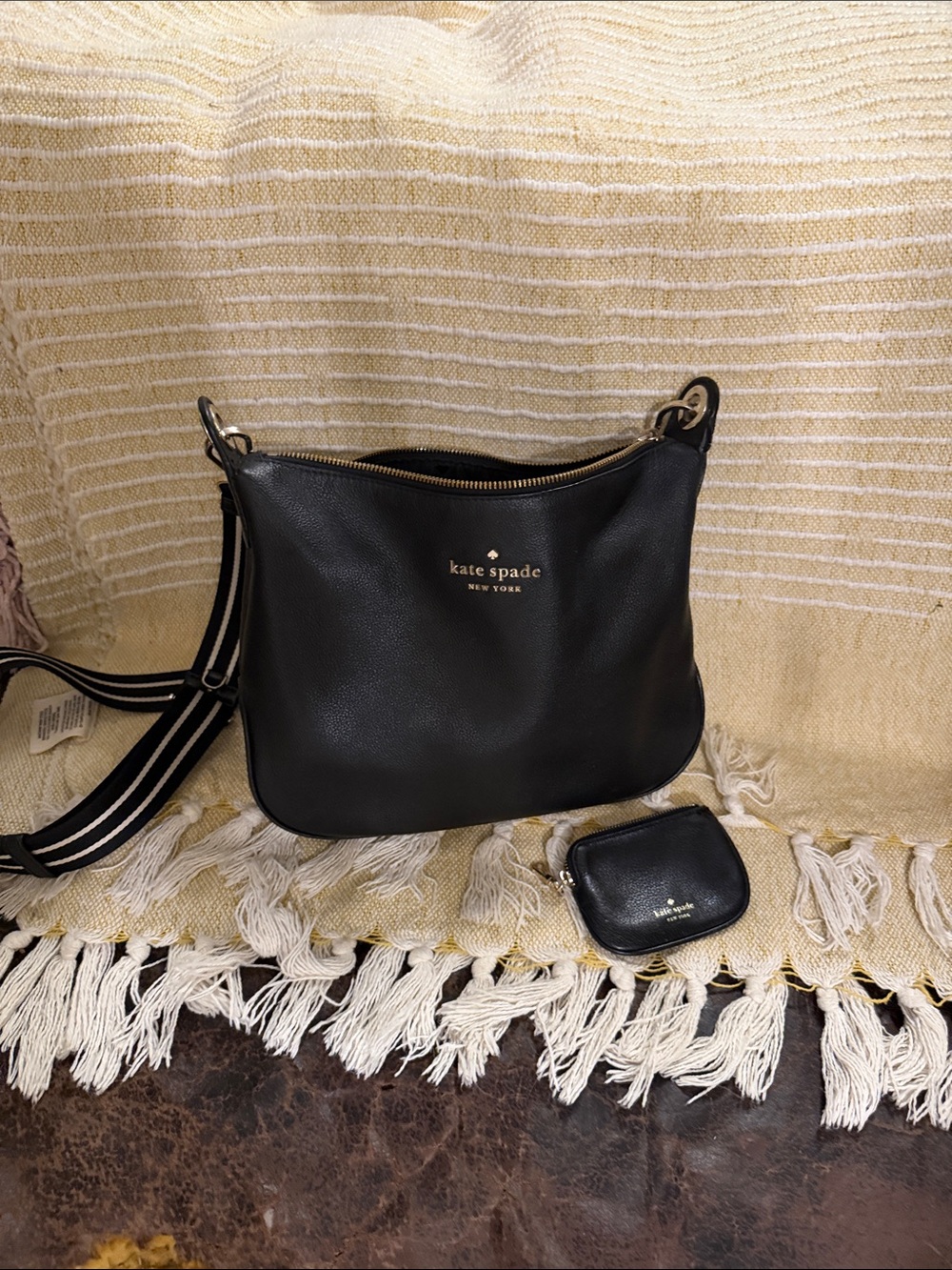 kate spade Black Pebble Leather Crossbody with Striped Strap and Coin Pouch